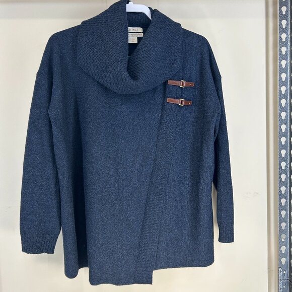 Ellen Tracy Cape Sweater 100% Merino Wool Navy Cowl Neck Buckle asymmetrical SzL - Picture 1 of 8